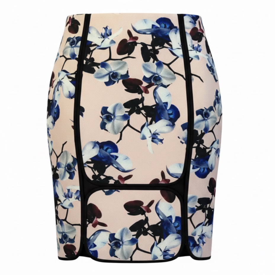 Yigal Azrouel Blush Pencil Skirt With Blue Floral Print And Black Piping